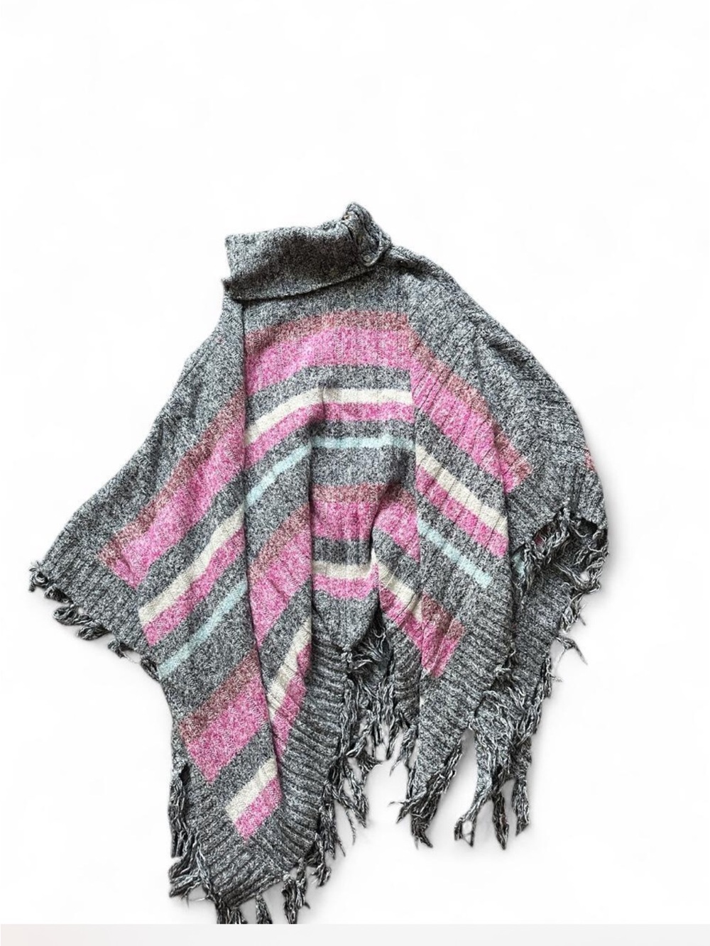 Tommy Hilfiger gray, pink, and white striped poncho with fringe #poncho #stripes